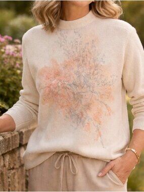 White House Black Market Knit Sweater Pink Peach Floral Design Acrylic Bead